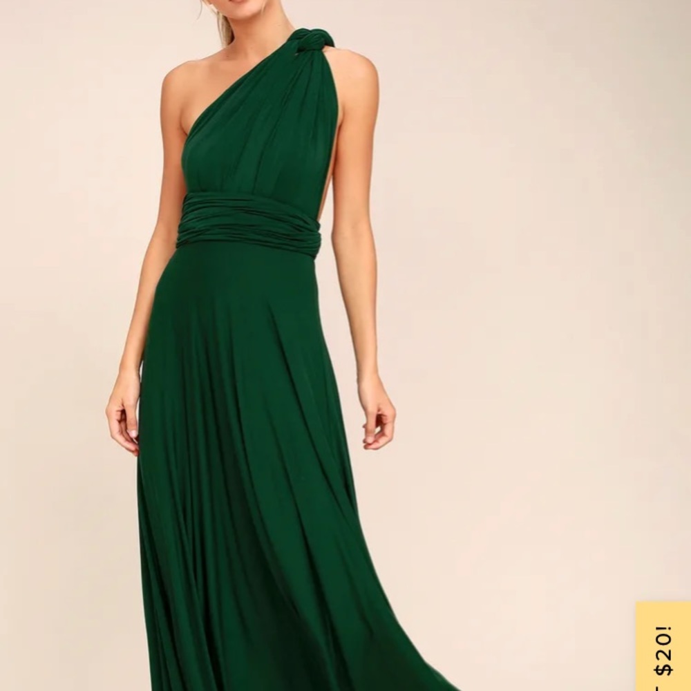 Forest Green LuLus “tricks of the trade” maxi bridesmaid dress